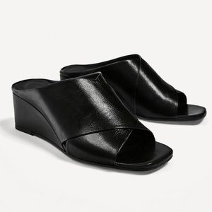 Zara Black Glazed Leather Crossover Wedge Sandals
